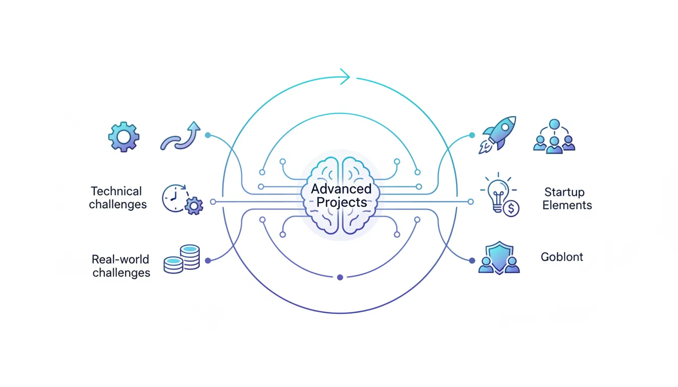 Advanced project overview showing pitch deck creation, fundraising simulation, and growth strategy challenges