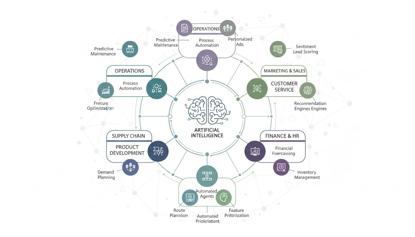 Map of AI and machine learning applications across business functions: product, operations, customer, and internal