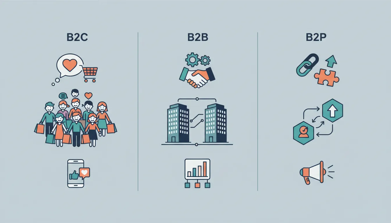 Side-by-side comparison of B2C, B2B, and B2P marketing approaches showing key differences in audience, cycle length, and tactics