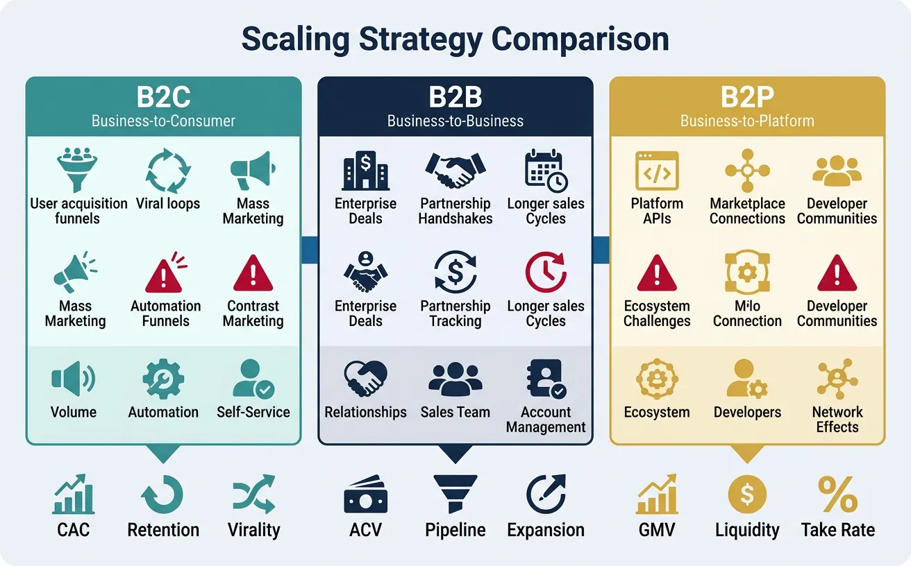 Side-by-side comparison of B2C, B2B, and B2P scaling strategies highlighting key differences in approach and metrics