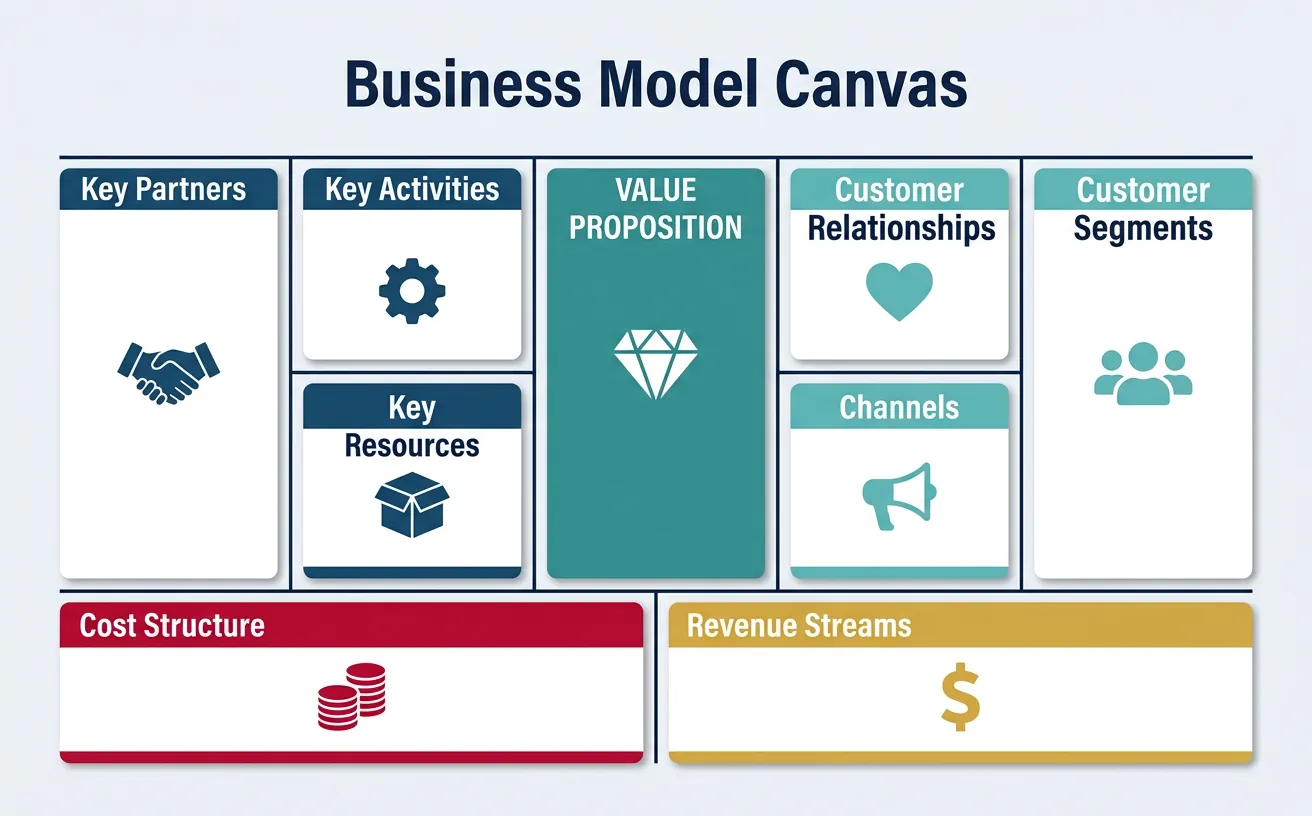 Business Model Canvas visual showing the nine building blocks of a business model
