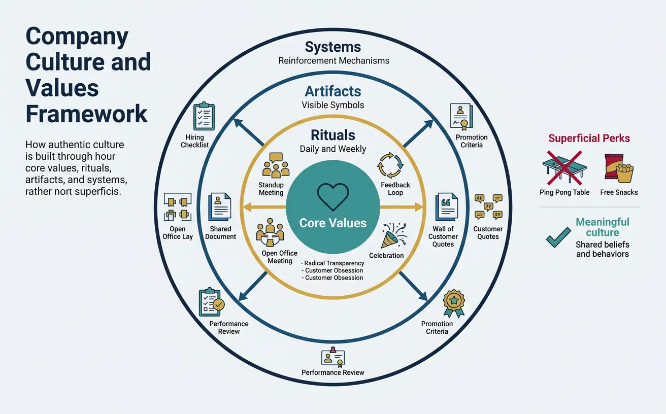 Framework showing the components of company culture including core values, rituals, artifacts, and systems