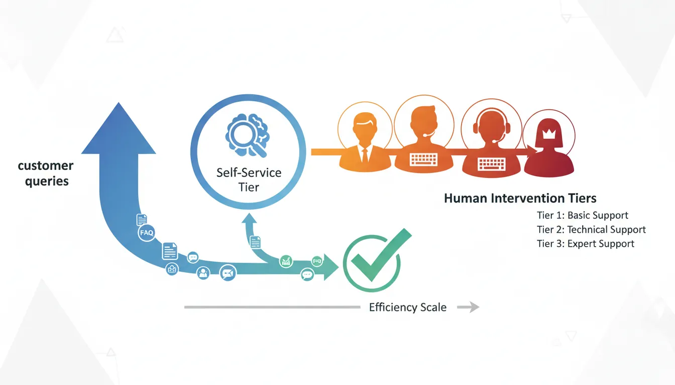 Pyramid diagram showing four tiers of customer support from self-service at the base to engineering escalation at the top