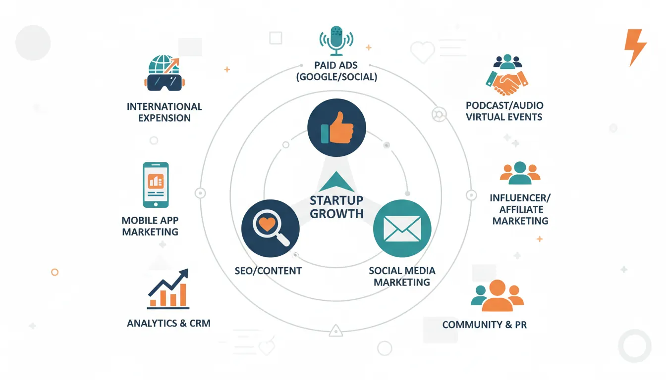 Digital marketing channels overview showing SEO, SEM, social media, content marketing, and email marketing interconnections