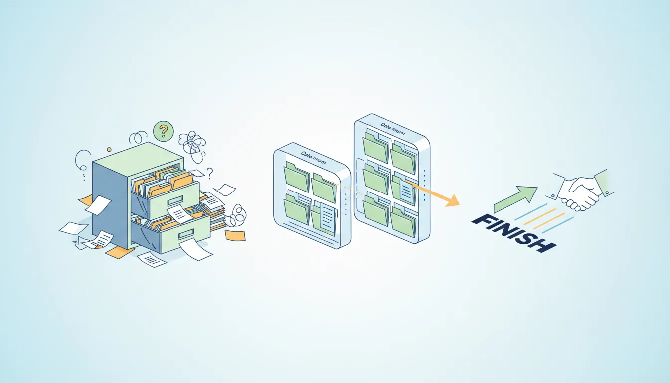 Structured checklist for due diligence data room showing corporate, financial, customer, IP, and legal document categories