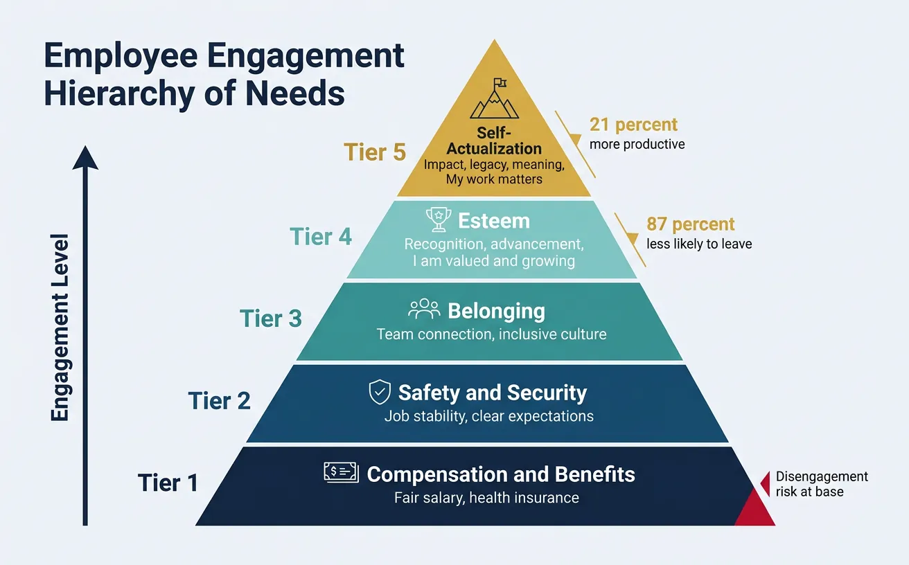 Maslow-style pyramid of workplace needs from basic salary through safety, belonging, esteem, to self-actualization