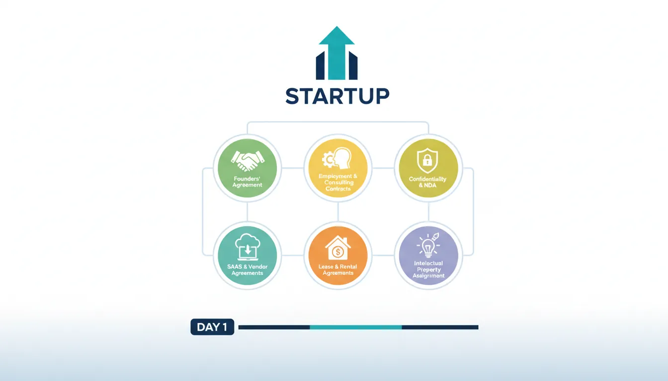 Map of essential startup contracts showing NDAs, employment agreements, service contracts, and partnership agreements