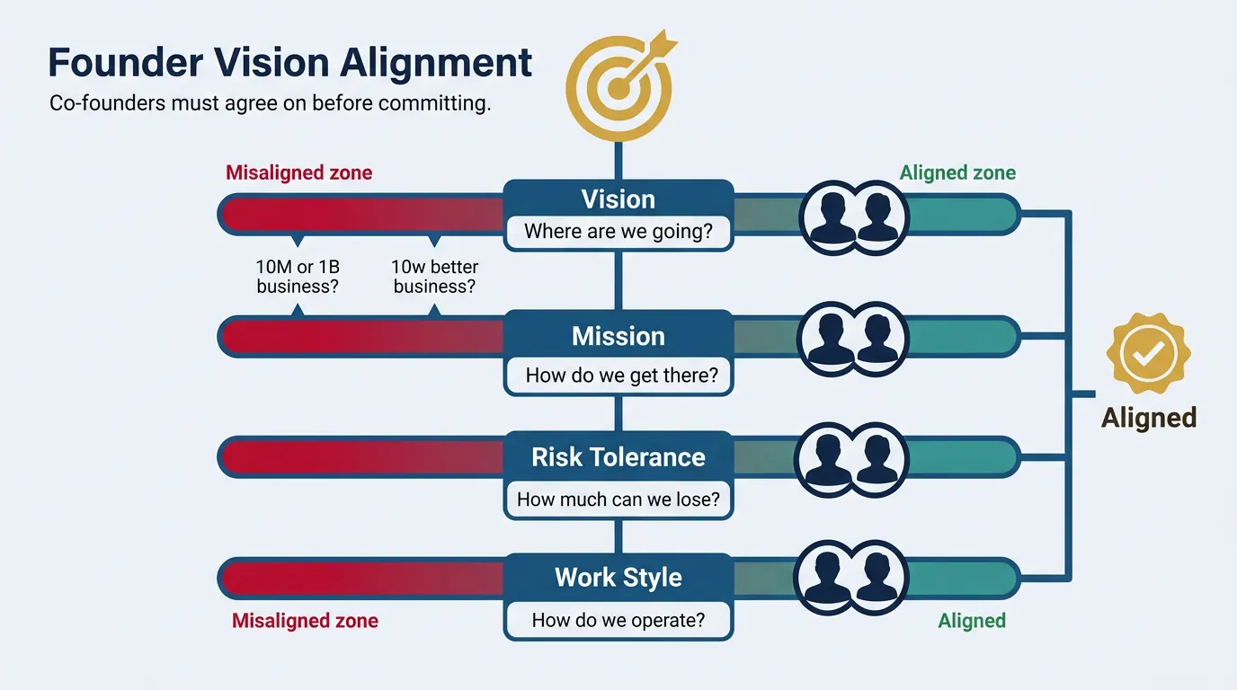 Visual framework showing founder alignment across vision, mission, values, and work style dimensions