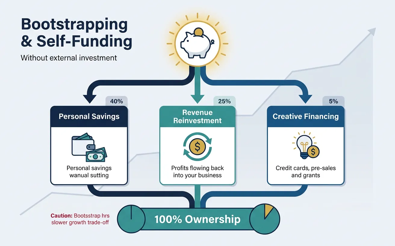 Bootstrapping and self-funding strategies showing personal savings, revenue reinvestment, and creative financing