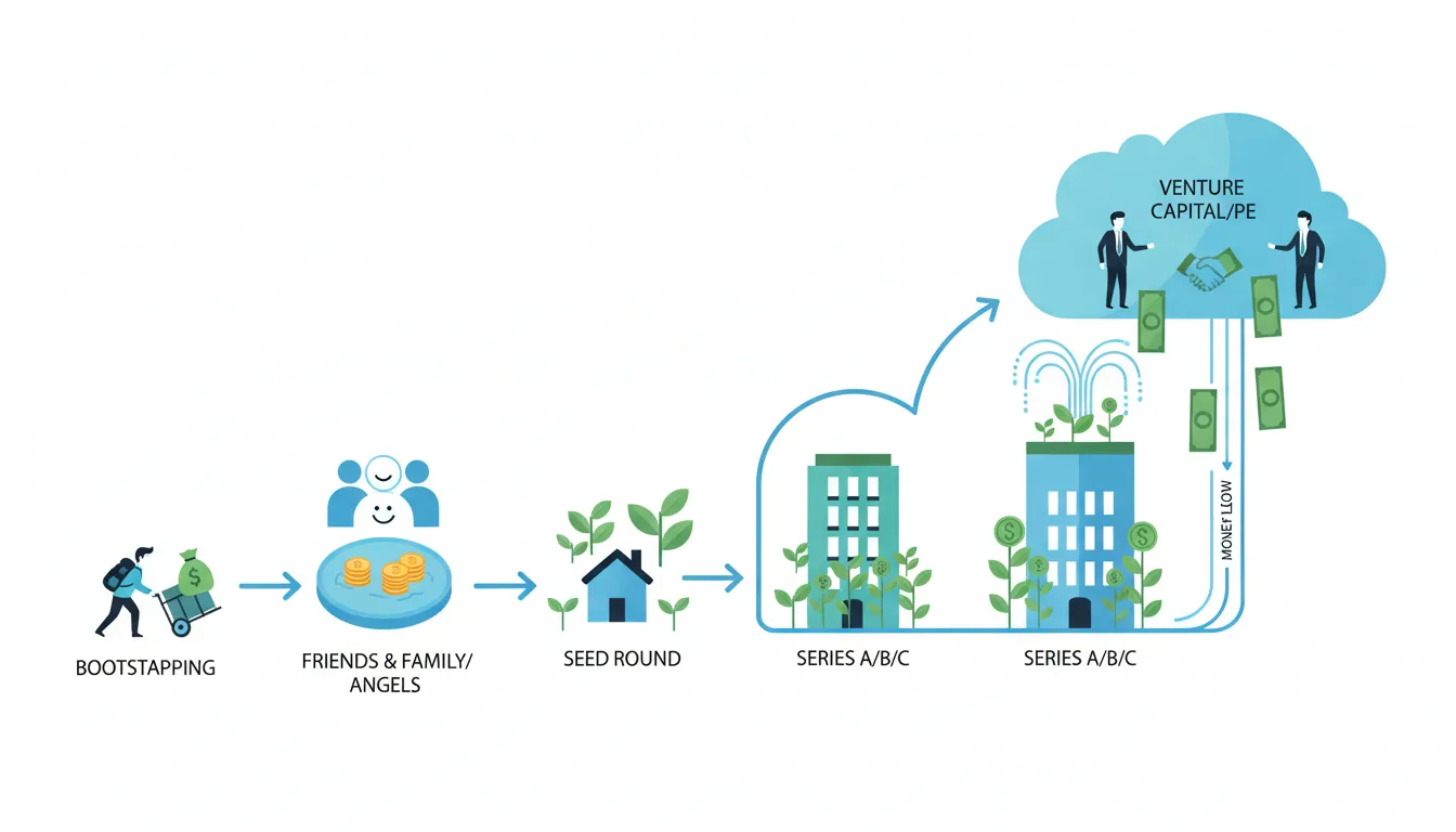 Startup funding landscape showing progression from bootstrapping through angel investing to venture capital