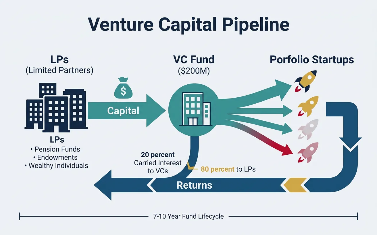 Venture capital pipeline showing the flow from LPs to VCs to startups and back