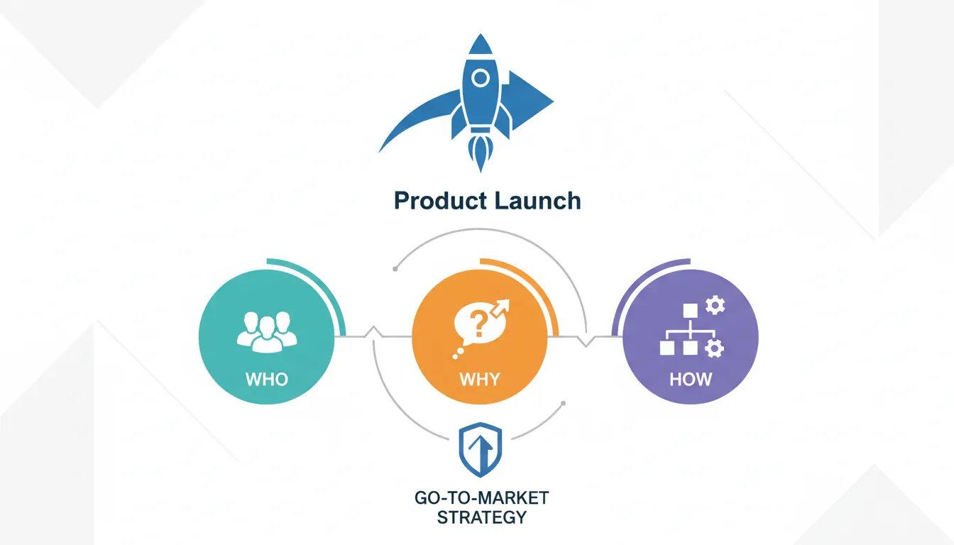Go-to-market strategy framework diagram showing target audience, value proposition, and distribution channels