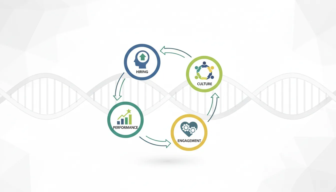 Circular diagram showing the interconnection between hiring, culture, engagement, and performance in a startup