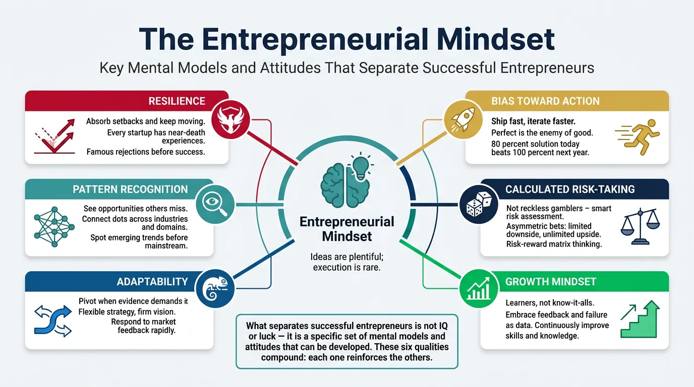 Key qualities of the entrepreneurial mindset including resilience, adaptability, and pattern recognition