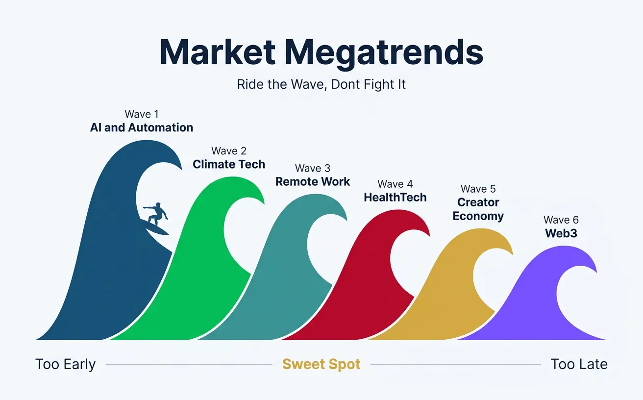 Visualization of market megatrends as waves that entrepreneurs can ride for business success