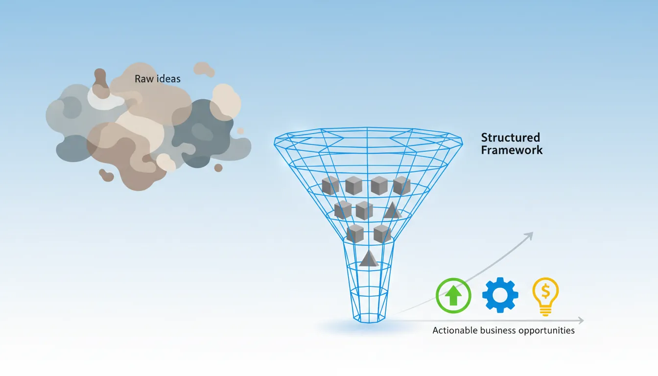 Opportunity recognition framework showing how raw ideas are structured into actionable business opportunities