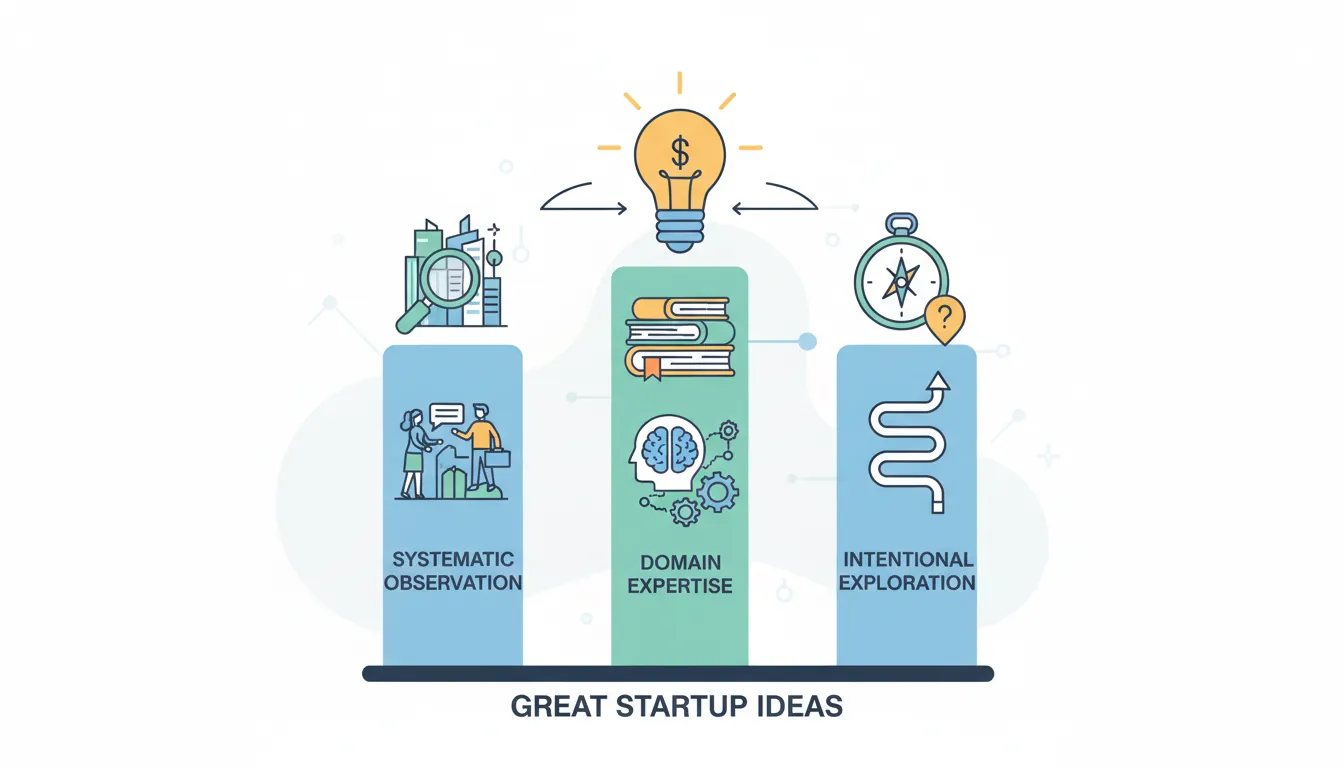 Funnel diagram showing multiple sources of entrepreneurial ideas including pain points, trends, and expertise