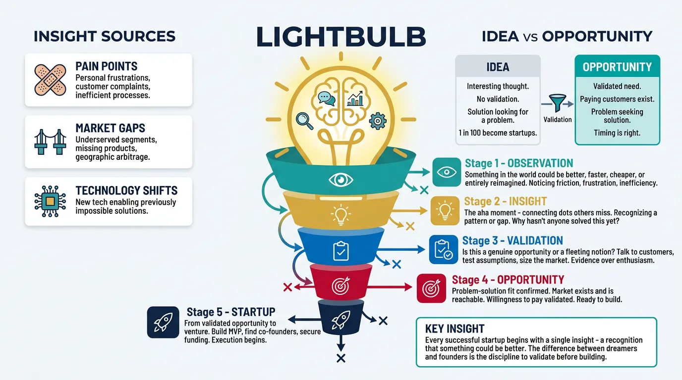 Startup ideation process showing a lightbulb moment transforming into a business opportunity