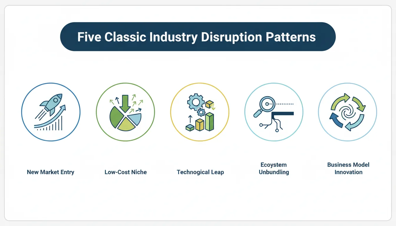 Diagram illustrating five classic disruption patterns: low-end, new-market, unbundling, rebundling, and platform disruption