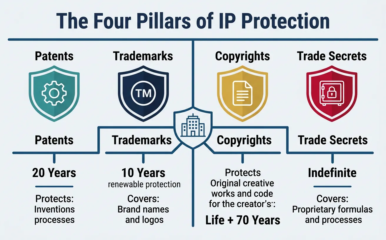 Diagram showing four types of intellectual property protection: patents, trademarks, copyrights, and trade secrets