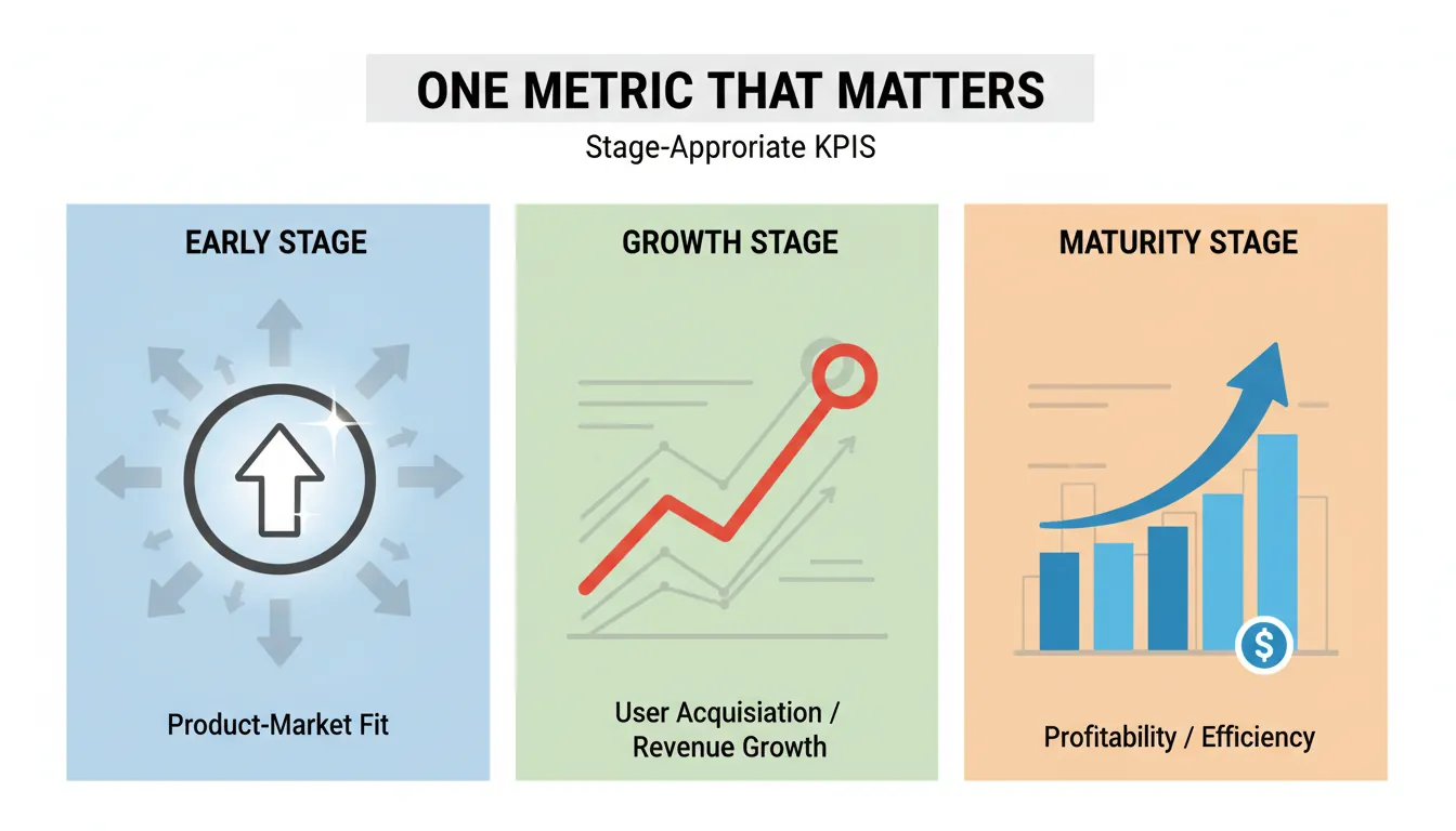 Chart showing recommended KPIs at each startup stage from pre-launch through scale, with the One Metric That Matters concept
