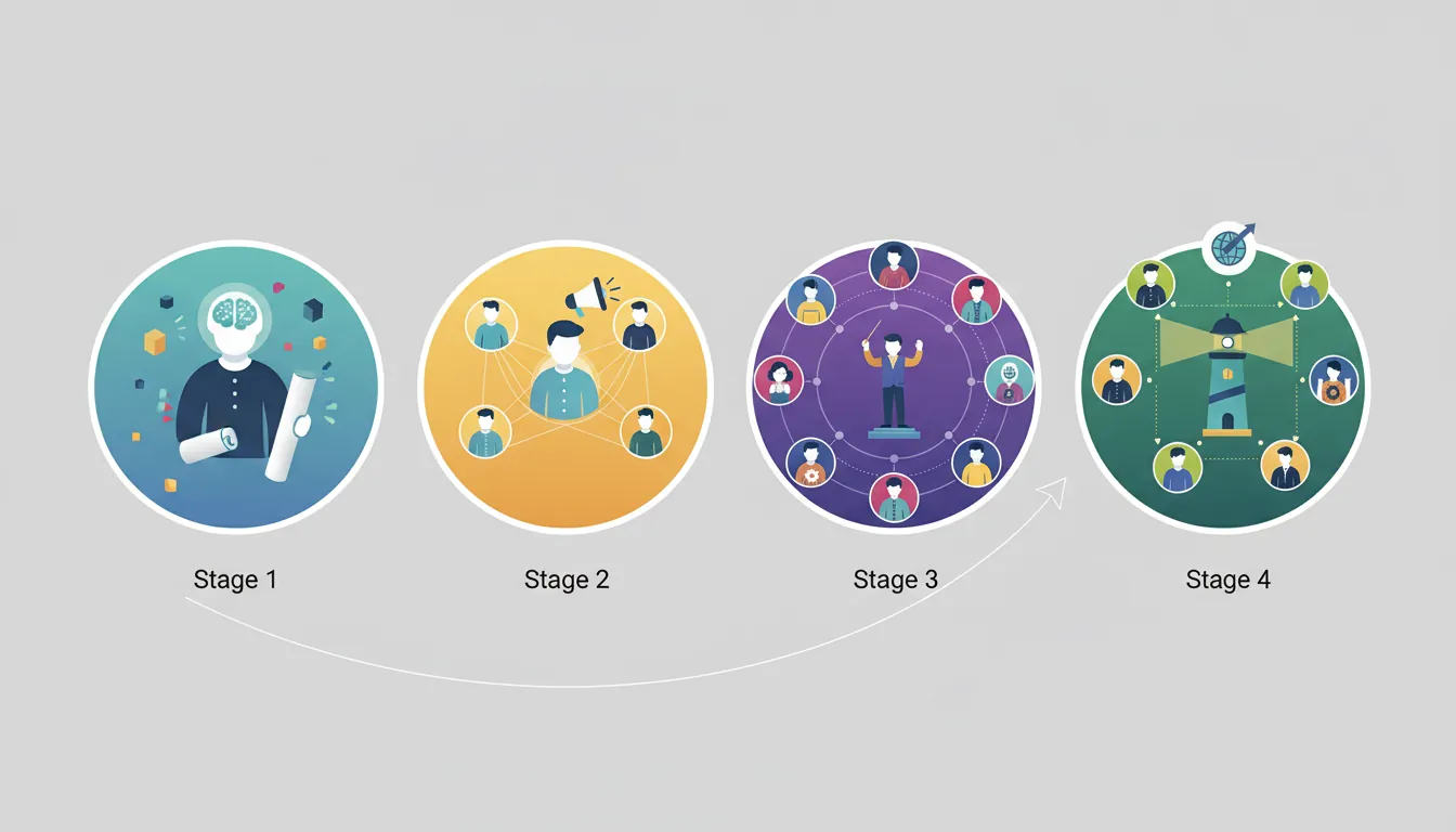 Pyramid diagram showing leadership evolution from Doer to Manager to Leader to Executive as company scales