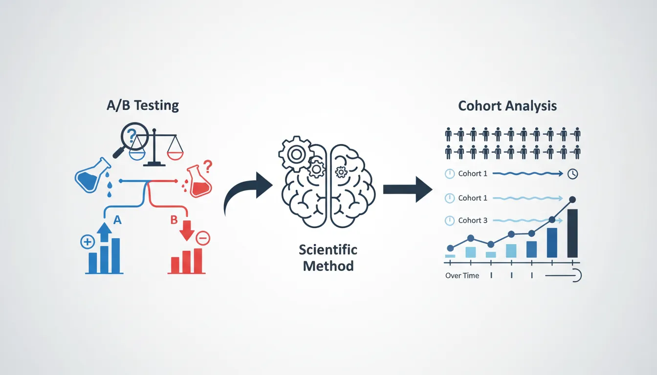 A/B testing split test diagram with cohort analysis showing user behavior patterns over time