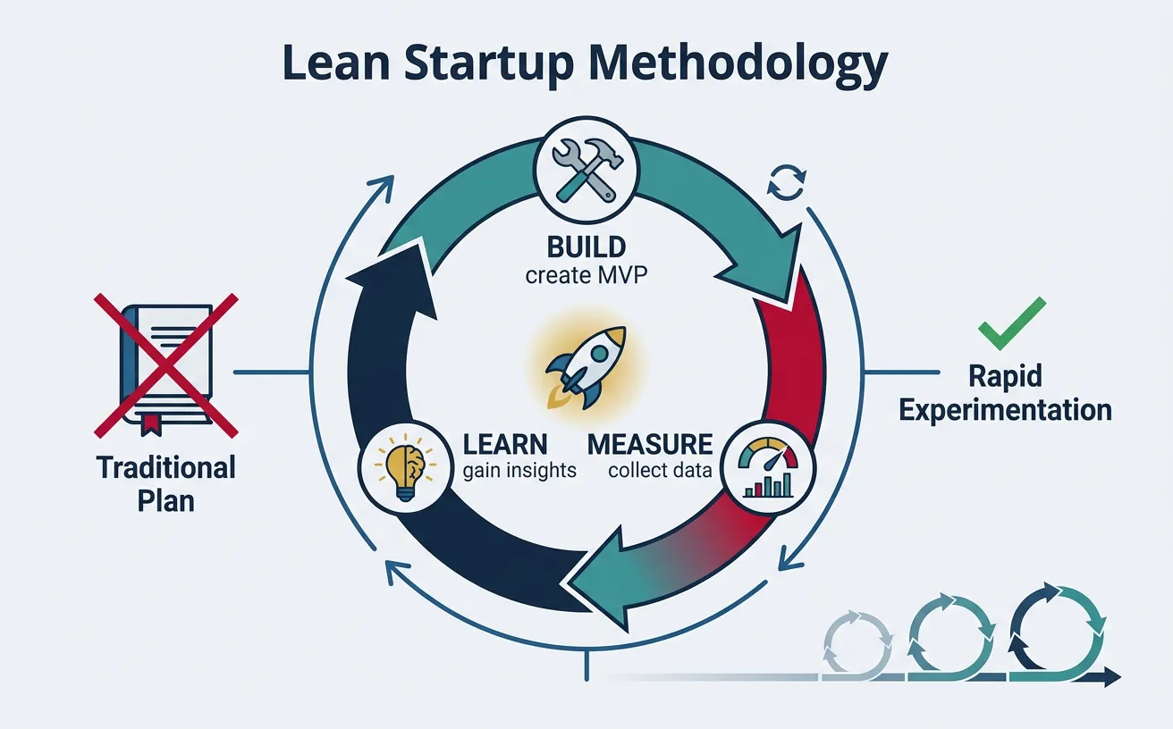 Lean Startup methodology overview showing experimentation replacing elaborate business plans