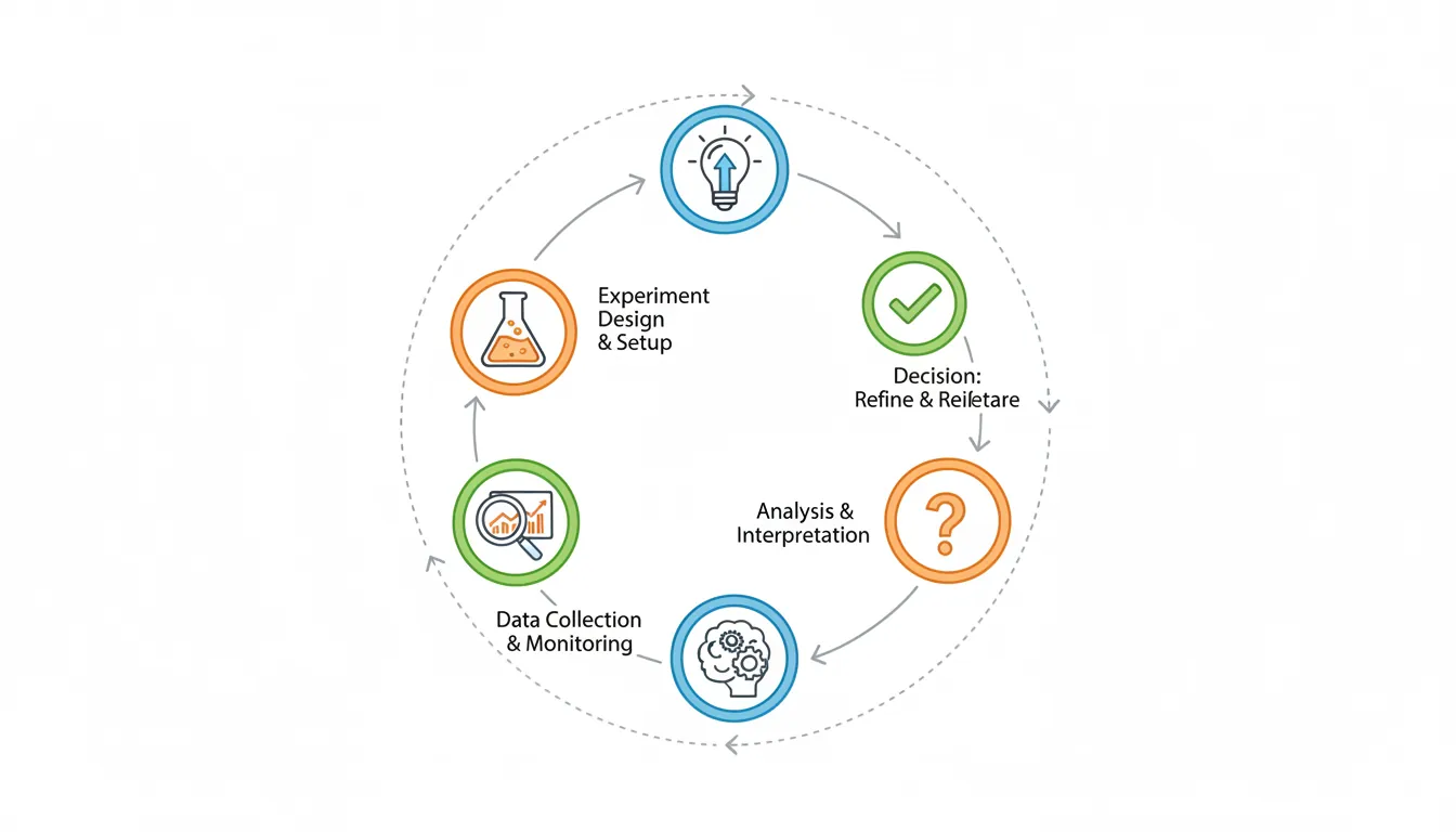 Marketing experiment lifecycle diagram showing hypothesis, design, execution, analysis, and decision stages