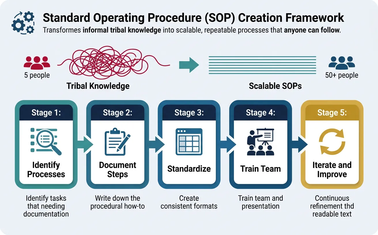 Flowchart showing the standard operating procedure creation process from identifying processes to training and iteration