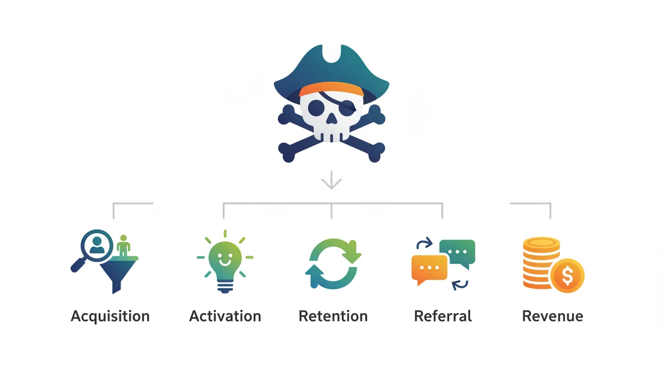 AARRR pirate metrics funnel showing Acquisition, Activation, Retention, Referral, and Revenue stages