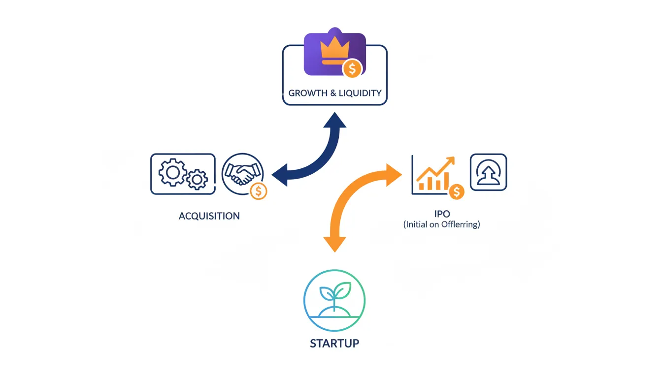 Overview of startup exit types: strategic acquisition, acqui-hire, PE buyout, merger, and IPO with typical outcomes