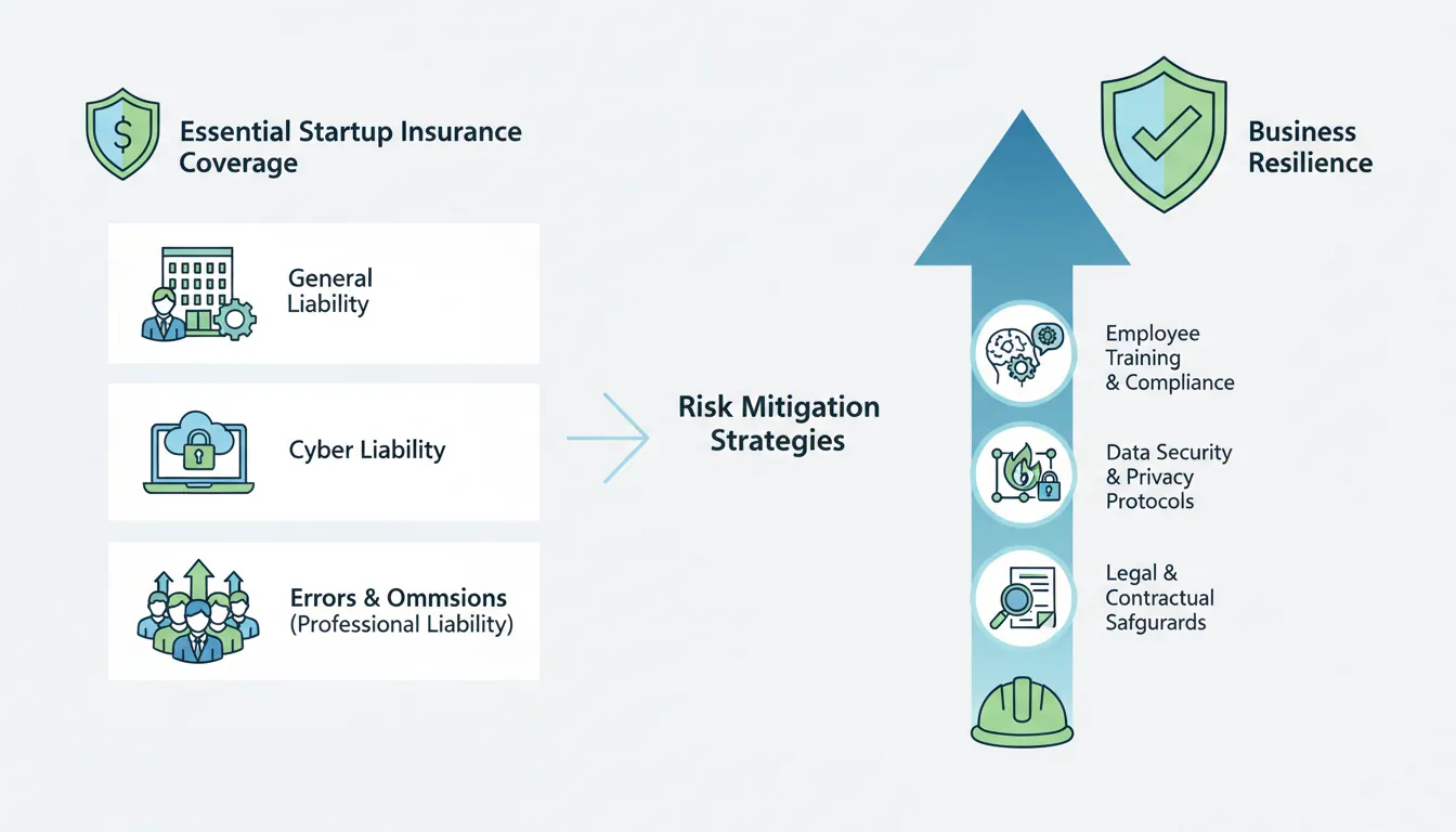 Risk management matrix showing startup insurance types, coverage areas, and when each policy is needed