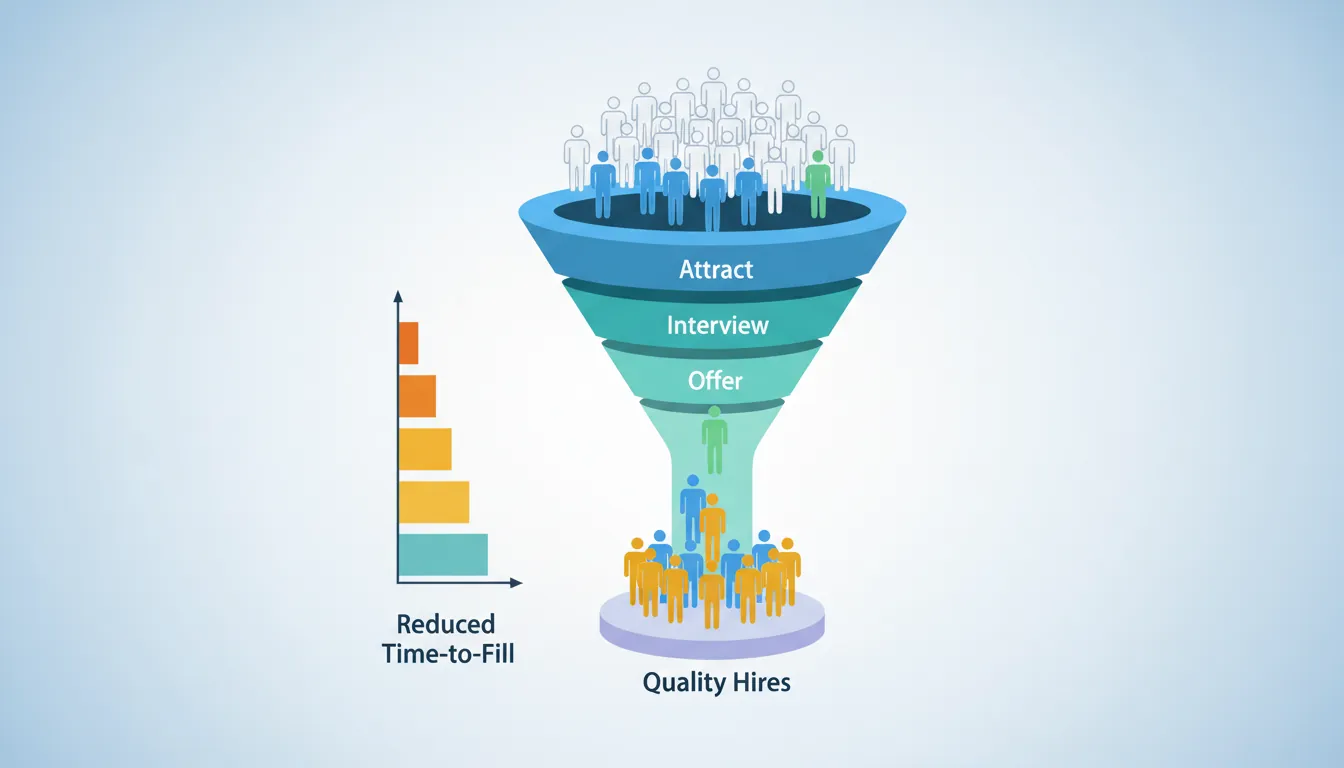 Funnel diagram showing the talent acquisition pipeline from sourcing through screening, interviewing, and closing candidates
