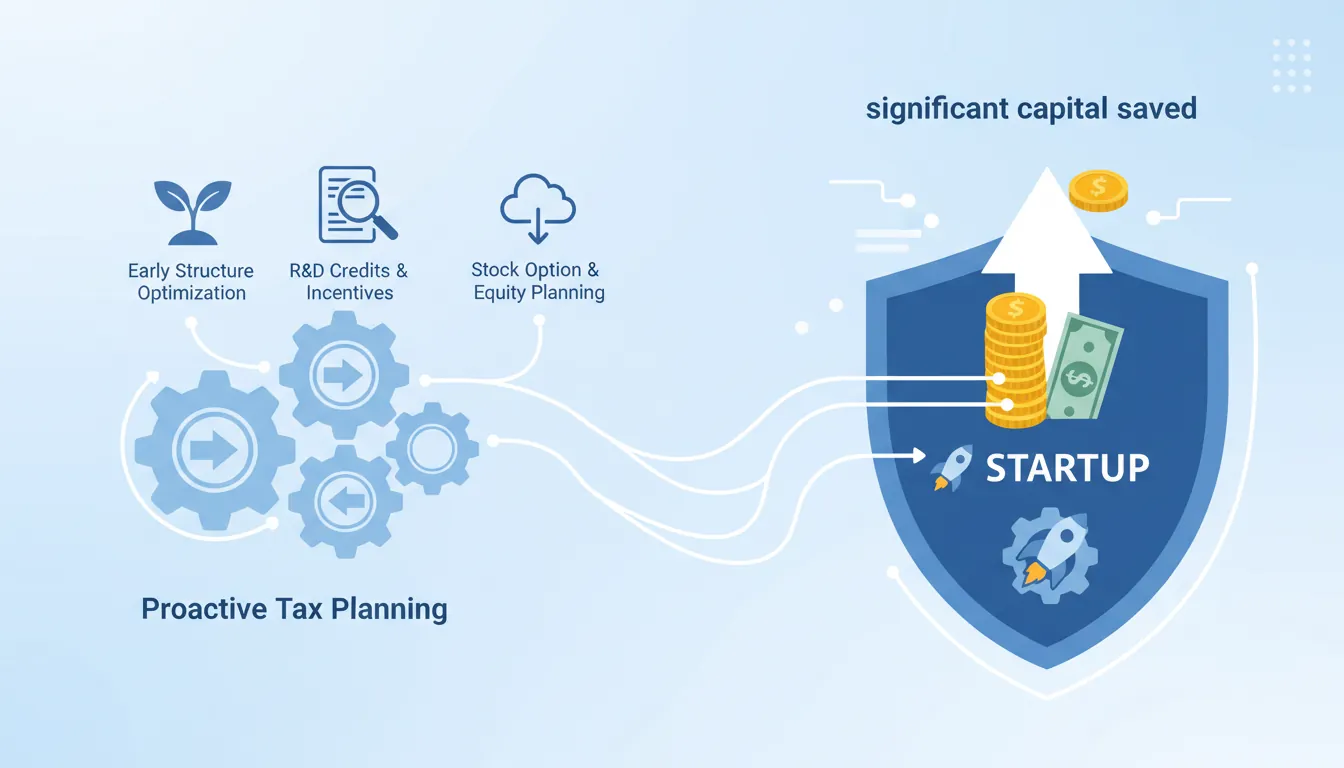 Flowchart of tax planning opportunities for startups including R&D credits, QSBS exclusion, and state incentives