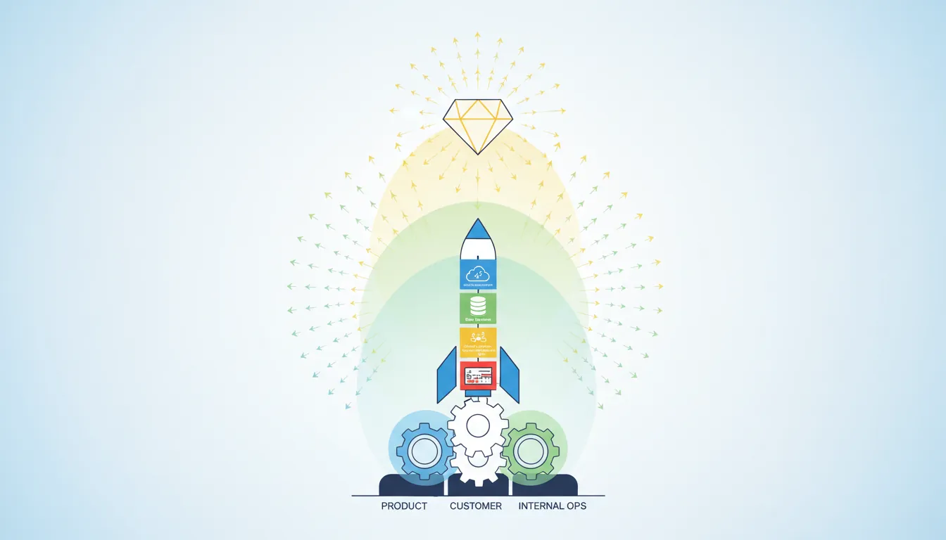 Layered diagram showing the modern startup tech stack organized by product, customer-facing, internal, and automation layers