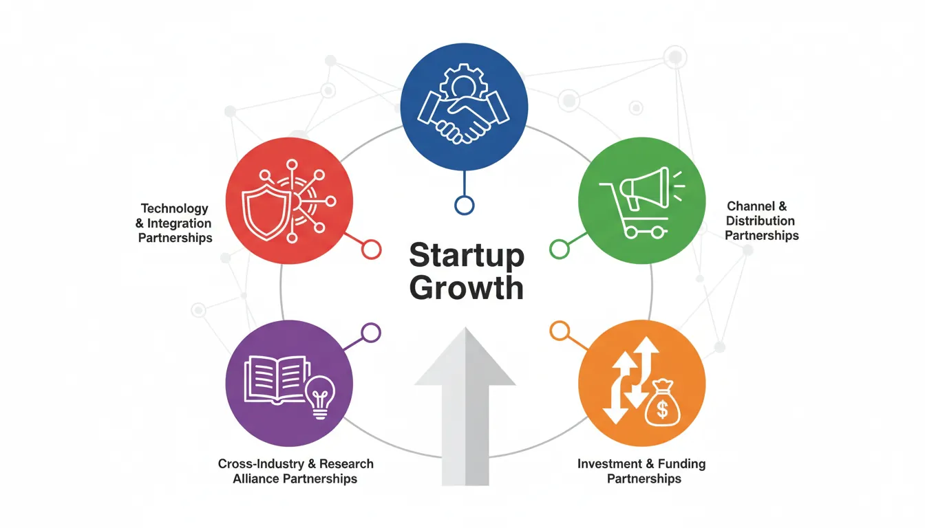 Map of strategic partnership types showing distribution, technology, co-marketing, OEM, and investment partnerships