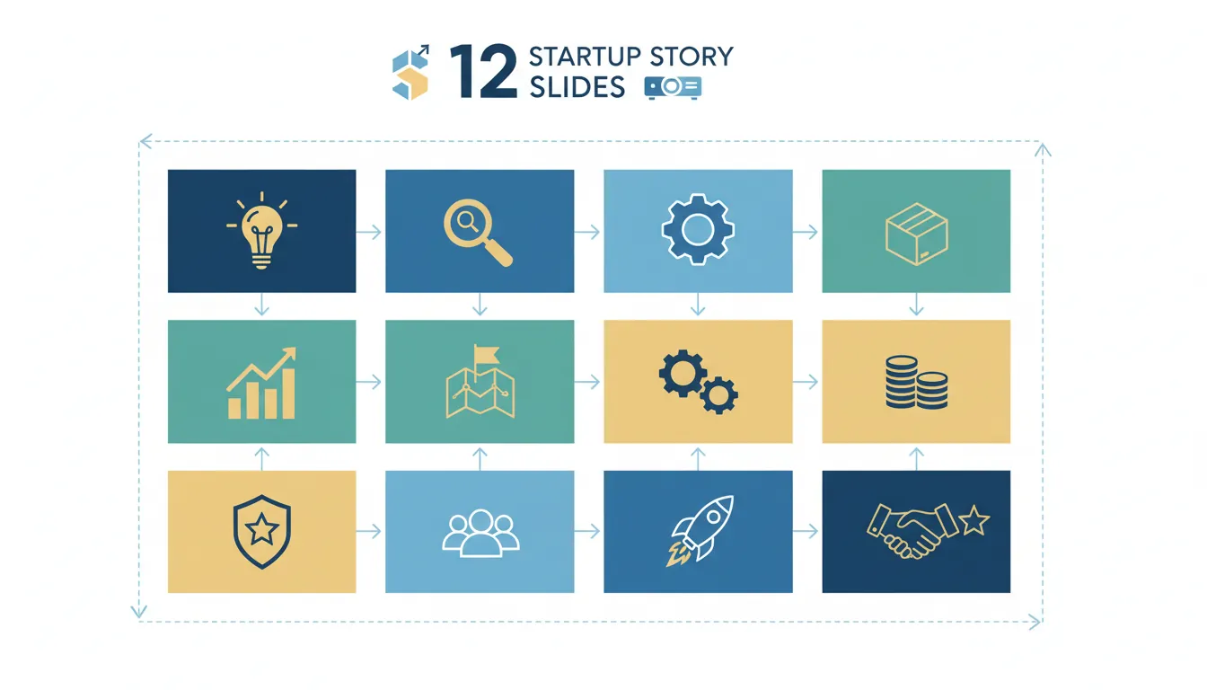 The 12-slide pitch deck framework showing title, problem, solution, market, product, traction, model, competition, team, financials, and ask