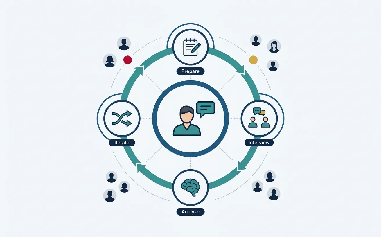 Customer discovery process showing systematic interviews and user research to understand problems