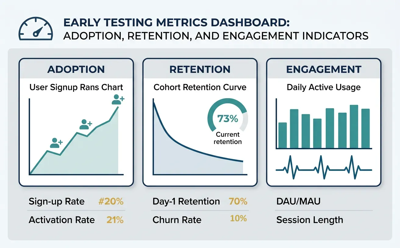 Early testing metrics dashboard showing adoption, retention, and engagement indicators