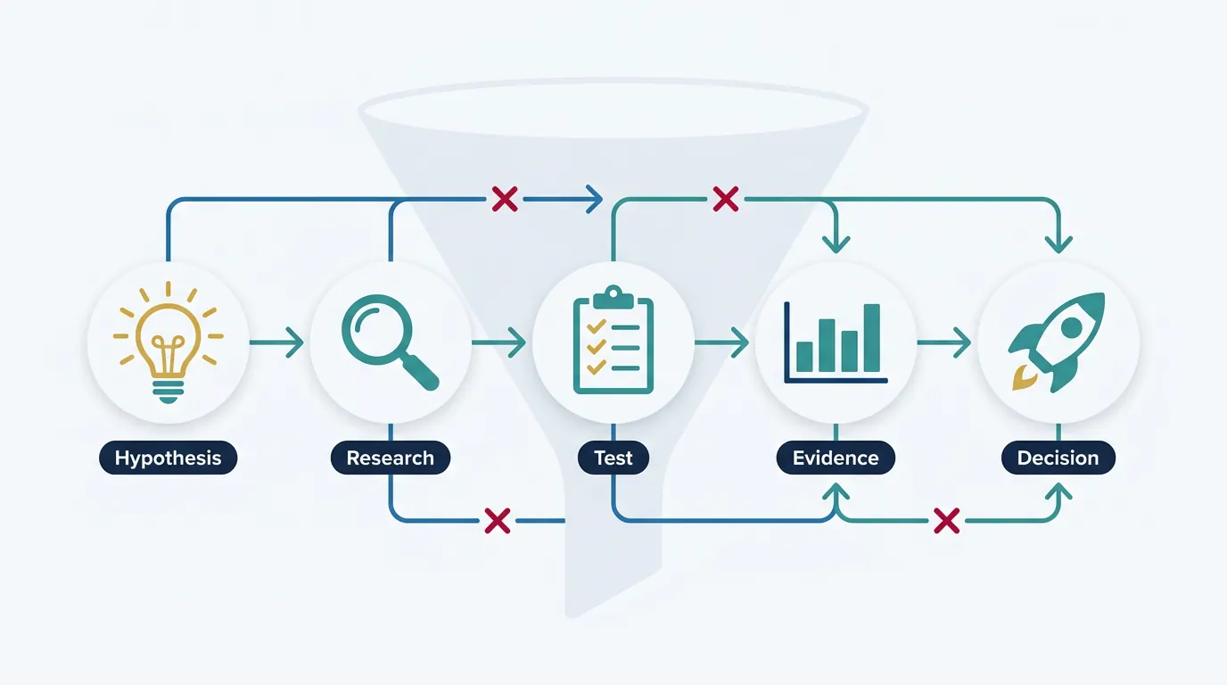 Overview of startup idea validation process from hypothesis to evidence-based decisions