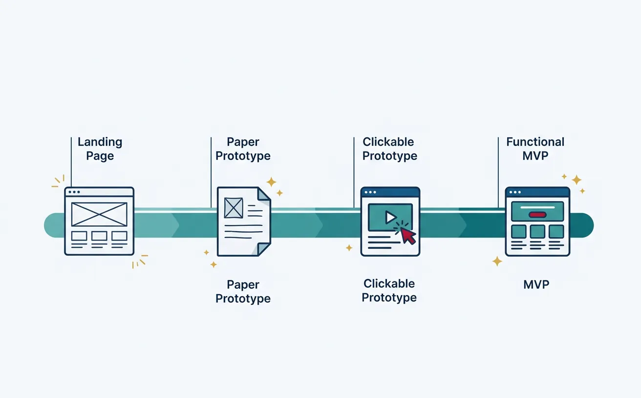 MVP design spectrum from landing pages to functional prototypes showing increasing fidelity
