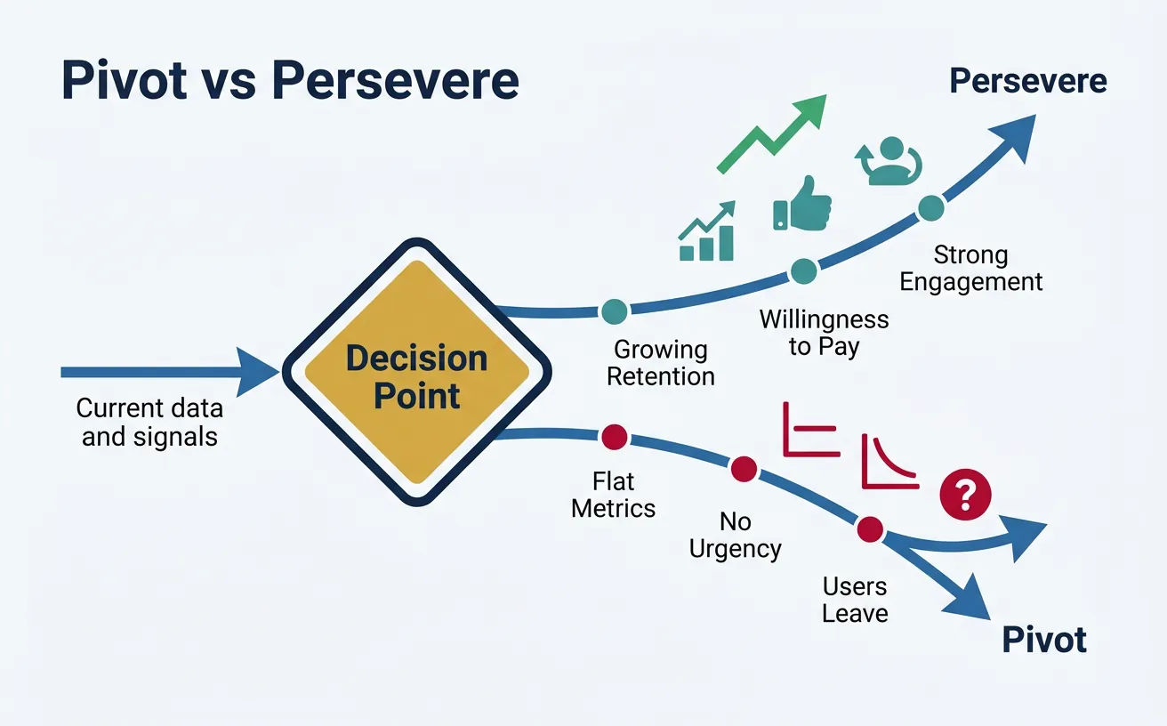 Decision framework showing the pivot vs persevere choice point based on data signals