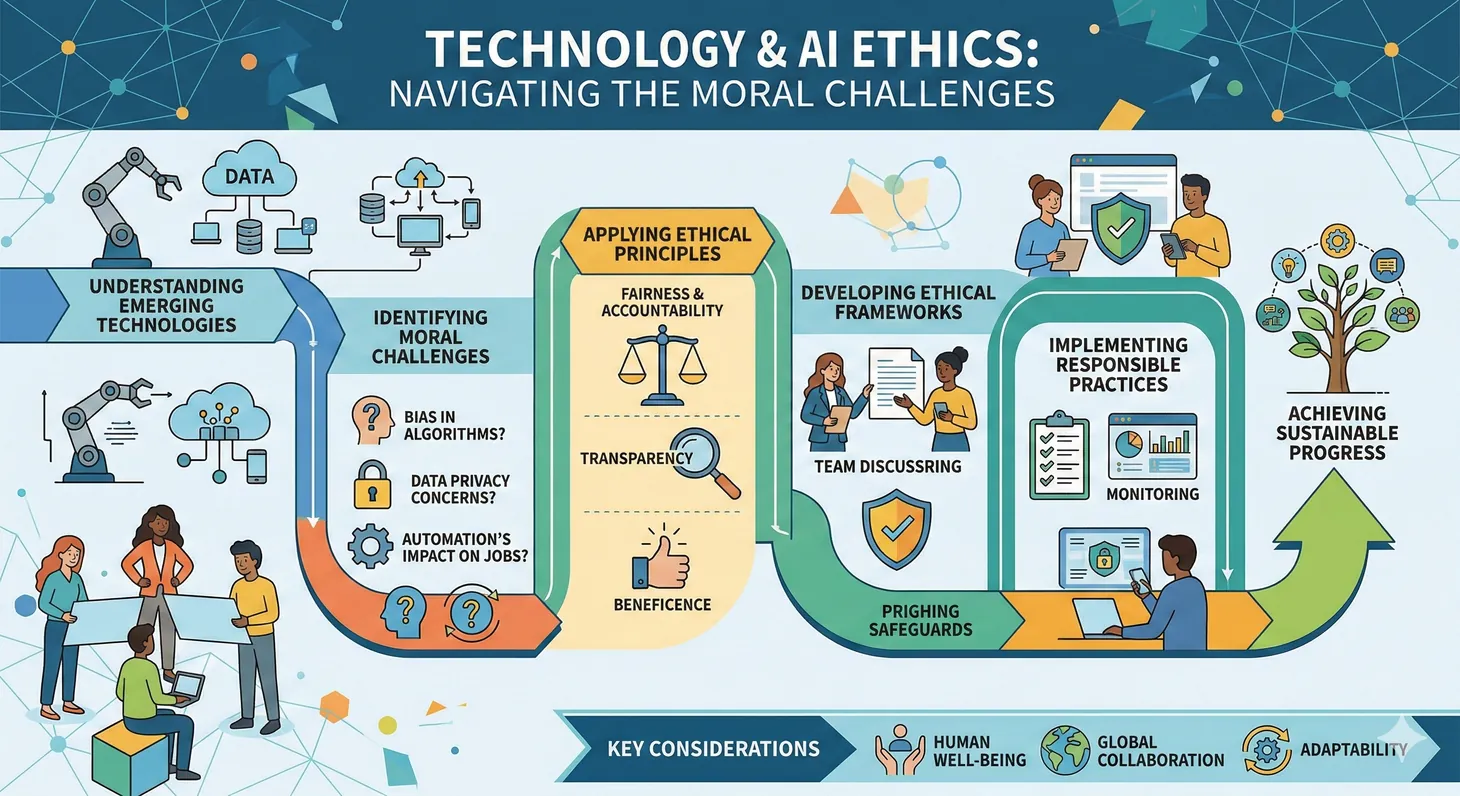 Illustration of AI and technology ethics challenges including algorithmic bias, autonomous weapons, and digital privacy