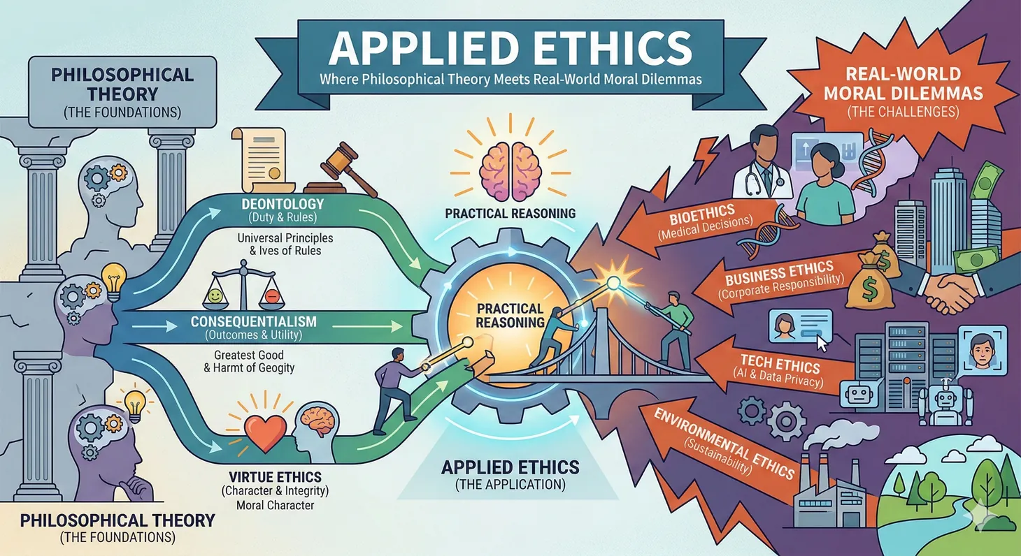 Illustration of applied ethics bridging the gap between ethical theory and real-world moral problems