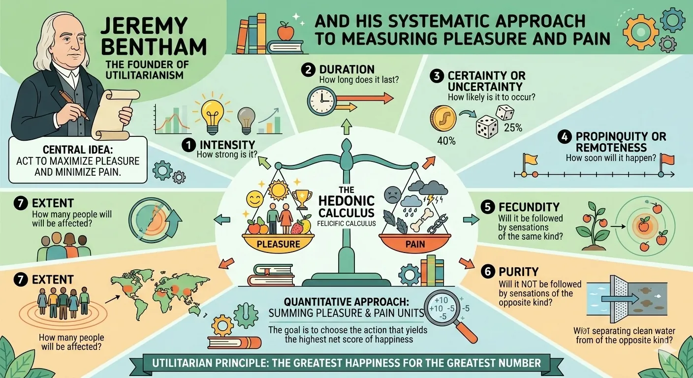 Portrait-style illustration of Jeremy Bentham with his seven dimensions of pleasure measurement in the hedonistic calculus