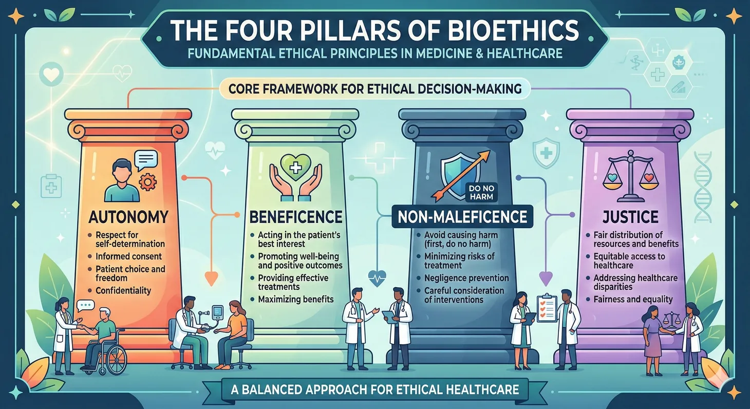 Diagram of the four principles of bioethics: autonomy, beneficence, non-maleficence, and justice