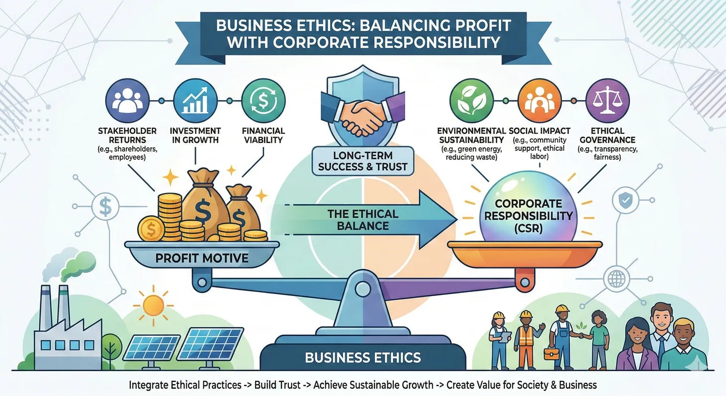 Illustration of business ethics covering corporate responsibility, stakeholder theory, and ethical profit-seeking