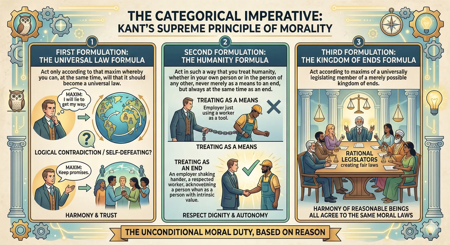 Diagram showing Kant's three formulations of the categorical imperative: universalizability, humanity as end, and kingdom of ends