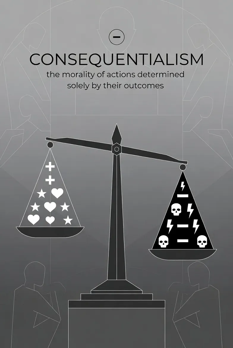 Diagram illustrating consequentialism as an outcomes-focused ethical framework where actions are judged by their results